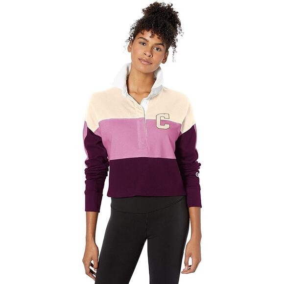 NEW Champion Rugby Cropped Collared Tee Women’s Small Beige Orchid Logo - Picture 6 of 11